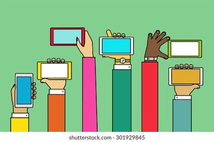 Interaction hands using mobile. Concept for web and mobile