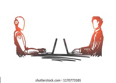 Interaction, HCL, automation, communication, partnership concept. Hand drawn human and robot working with laptop concept sketch. Isolated vector illustration.