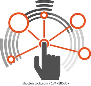 Interacción. El icono de interacción en forma de círculos. El dedo de la mano presiona el botón de interacción. Ilustración vectorial. Vector.