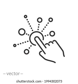interaction icon, simple, interactive screen with button click finger, digital technology concept, user touch here, hand pointer, development choice variety, thin line vector illustration eps10