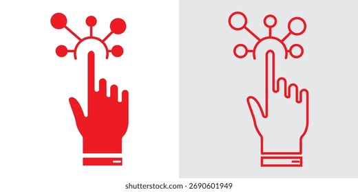 ícone de interação, tela simples, interativa com botão clique dedo, conceito de tecnologia digital, toque do usuário aqui, ponteiro de mão, variedade de escolha de desenvolvimento, ilustração vetorial de linha fina eps10