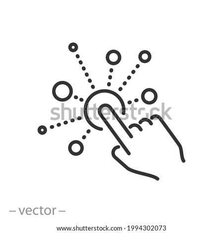 interaction icon, simple, interactive screen with button click finger, digital technology concept, user touch here, hand pointer, development choice variety, thin line vector illustration eps10