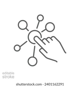 Icono de interacción. Estilo de contorno simple. Experiencia, elección, funciones de variedad, múltiples habilidades digitales, concepto de dedo clic. Símbolo de línea delgada. Ilustración vectorial aislada. Trazo editable.