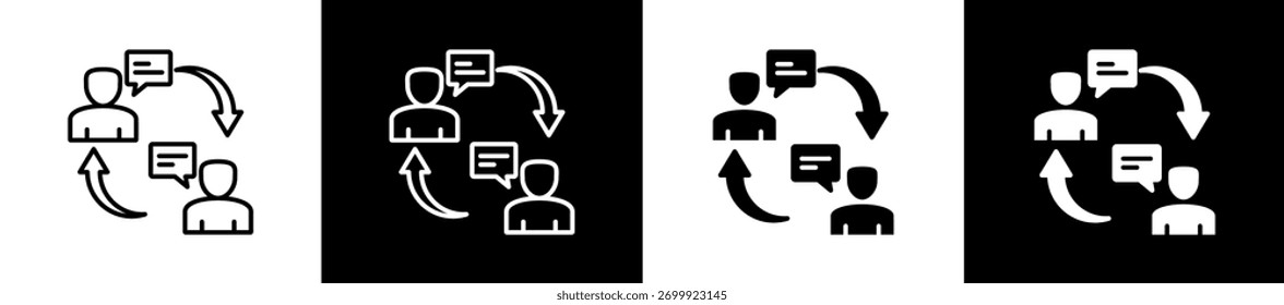 Variaciones del icono de interacción en estilo de línea y glifo sobre fondo blanco y negro