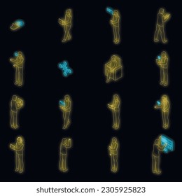 Interaction icons set. Isometric set of interaction vector icons neon color on black