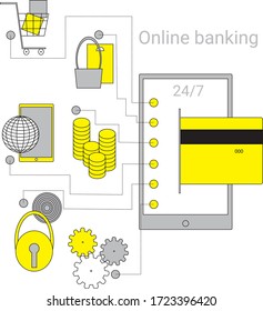 Interaction mobile phone and credit card: purchases, payment, savings, protection and individual settings. Online banking. EPS10.