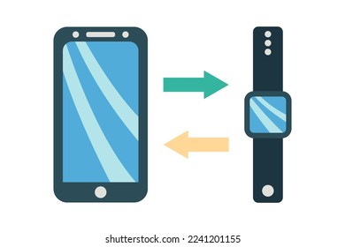 La interacción de un teléfono móvil y un reloj inteligente. ilustración vectorial