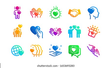 Interaction, Mutual understanding and assistance business. Friendship and love icons. Trust handshake, social responsibility icons. Classic set. Gradient patterns. Quality signs set. Vector