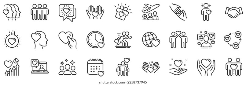 Interaction, Mutual understanding and assistance business. Friendship and love line icons. Trust handshake, social responsibility, mutual love icons. Trust friends, partnership. Vector