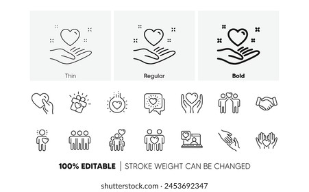 Interaction, Mutual understanding and assistance business. Friendship and love line icons. Trust handshake, social responsibility icons. Linear set. Line icons set. Vector