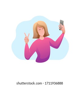 Interacción gente diseño plano banner aislado. Muchacha feliz se hace selfie por teléfono. Blogger filma video en smartphone. Comunicación con los suscriptores en las redes sociales. Ilustración vectorial.