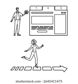 interaction progressive disclosure website vector. interface navigation, hierarchy content, reveal gradual interaction progressive disclosure website character. people black line pencil illustration