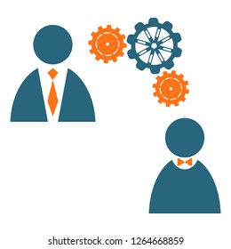 The interaction of the scientist and the businessman. Simple gray and orange icons, gears isolated on white background