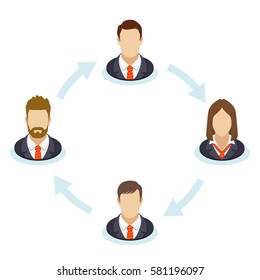 The interaction of the staff. Corporate organization chart with business people icons. Company business structure in a flat style. Vector illustration.