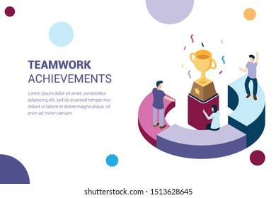 interaction of teamwork in achievement, success in 3d isometric illustration style