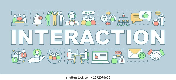 Interaction word concepts banner. Communication with customer. Work meetings. Messaging. Presentation, website. Isolated lettering typography idea with linear icons. Vector outline illustration