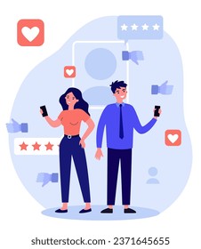 Interactive assessment vector illustration. Woman and man with smartphones giving estimation, feedbacks, social media icons on background. Evaluation process, reviews concept