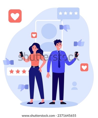 Interactive assessment vector illustration. Woman and man with smartphones giving estimation, feedbacks, social media icons on background. Evaluation process, reviews concept