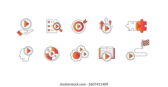 Interactive Business Learning and Training Icons. Play Button, Strategy Puzzle, Mindset, and Workflow Development Concepts