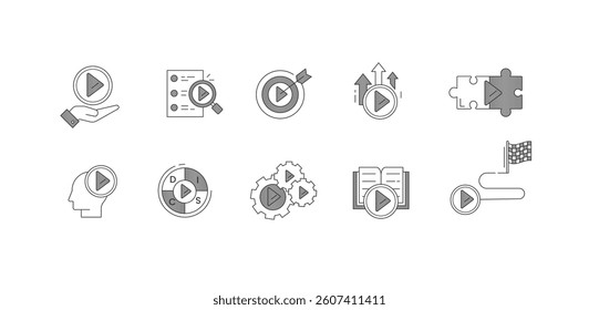 Interactive Business Learning and Training Icons. Play Button, Strategy Puzzle, Mindset, and Workflow Development Concepts