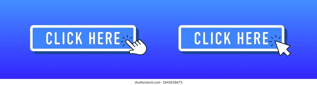 Interactive “Click Here” buttons with hand and mouse cursors on a blue gradient background, symbolizing digital engagement and user interface elements.