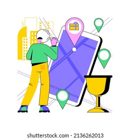 Interactive city quest abstract concept vector illustration. Urban games organization, tourist adventure, city walking, smartphone application, sightseeing tour, urban park abstract metaphor.