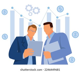 Interactive collaborations with the help of wireless technology. Shot of two businessmen using a digital tablet together at work
