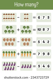 Interactive and colorful math exercises for children. Addition, subtraction, and mathematical games. Ideal for preschool education and pedagogic purposes. Vegetables and fruits mathematic lists.
