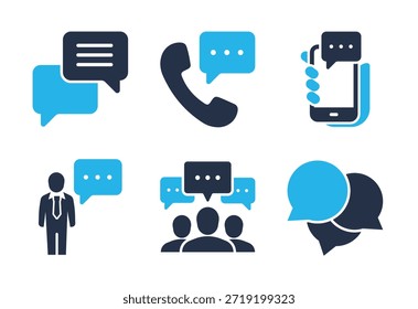 Conjunto de iconos de canales de comunicación interactivos. Iconos de la serie de glifos sólidos