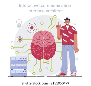 Interactive communication concept. Artificial intelligence identify human face and emotions. People brain's electrical activity managing external devices. Flat vector illustration