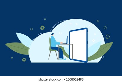 Interactive communication concept. dressed in casual clothes sitting at the desk and looking at big mobile phone. Young person using computer at the table in front a huge tablet. Vector illustration.