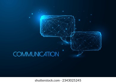 Comunicación interactiva, chat digital concepto futurista con burbujas de voz en un brillante estilo poligonal bajo sobre fondo azul oscuro. Diálogo, chat de IA. Ilustración del vector de diseño de conexión abstracta