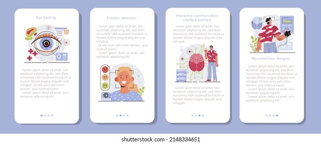 Interactive communication mobile application banner set. Artificial intelligence identify human face and emotions. People brain's electrical activity managing external devices. Vector illustration