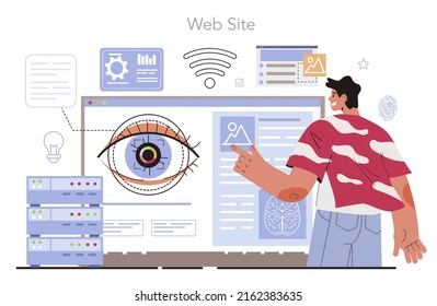 Interactive communication online service or platform. AI identify human face. Brain's electrical activity managing devices. Website. Vector illustration