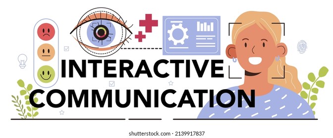 Interactive communication typographic header. Artificial intelligence identify human face and emotions. People brain's electrical activity managing external devices. Vector illustration