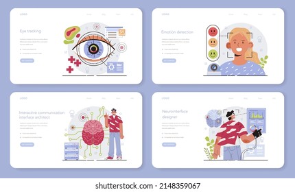 Interactive communication web banner or landing page set. Artificial intelligence identify human face and emotions. People brain's electrical activity managing external devices. Vector illustration