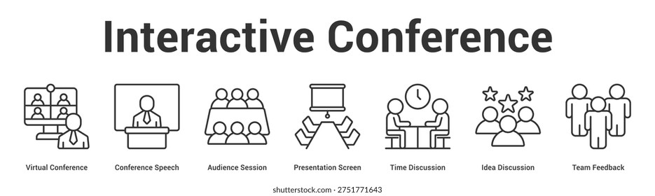 Interactive Conference web banner icon set vector illustration concept for business with icon of Virtual Conference, Conference Speech, Audience Session, Presentation Screen, Time Discussion, I.