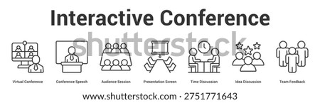 Interactive Conference web banner icon set vector illustration concept for business with icon of Virtual Conference, Conference Speech, Audience Session, Presentation Screen, Time Discussion, I.