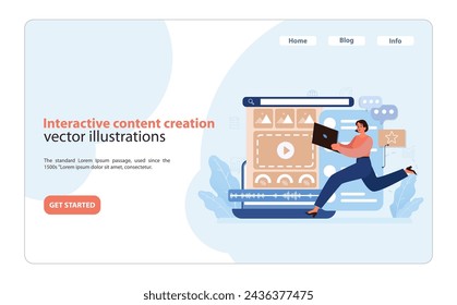 Interactive Content Creation. Dynamic illustration of a content creator designing engaging multimedia on a computer platform. Digital marketing in action. Flat vector illustration.