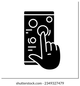 Icono de glifo de contenido interactivo. Interacción de redes y medios sociales, marketing web y optimización con smartphones. Información compartida.Firma plana rellenada. Ilustración vectorial de silueta aislada