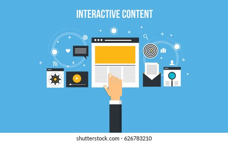 Interactive content marketing, audience engagement,  event-driven marketing, storytelling flat vector concept with elements and icons