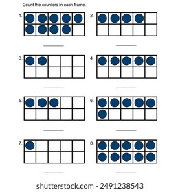 Interactive Counting Counters in Ten Frames Worksheet for Early Math Education and Development for Kids