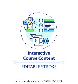 Icono de concepto de contenido de curso interactivo. Consejos de enseñanza en línea. Educación que permite al usuario impactar en la ilustración de línea delgada de la idea de contenido. Dibujo de color RGB con contorno aislado del vector. Trazo editable