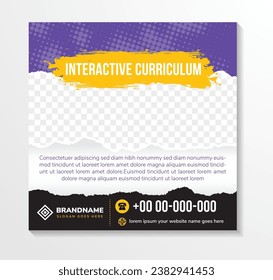 interactive curriculum banner design vector, space photo college, social media cover post vector design , flyer template for any other site. dot halftone pattern and torn paper element.