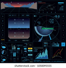 Interactive dashboard design, HUD interface screen of flying machine or vehicle with real time flight parameters. Vector illustration