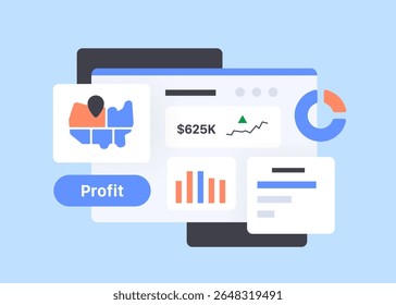 Painel interativo mostrando tendências de dados de negócios. Gráficos personalizados para insights e análise de desempenho. Interface limpa para visualização flexível. Ilustração de vetor de IU minimalista plana