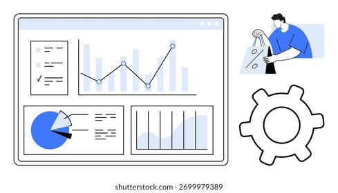Painel interativo com várias visualizações de dados, pessoa carregando sacolas de compras e um símbolo de engrenagem grande. Ideal para análise de negócios, comportamento do consumidor, e-commerce e otimização de processos