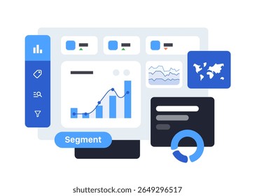 Painel interativo para visualizar dados empresariais complexos. Layout limpo com gráficos personalizáveis, filtros e métricas de desempenho.Ilustração plana do vetor de IU minimalista