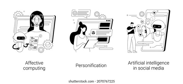 Interactive device abstract concept vector illustration set. Affective computing, personification design, artificial intelligence in social media, speech and gesture recognition abstract metaphor.