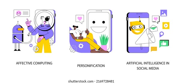 Interactive device abstract concept vector illustration set. Affective computing, personification design, artificial intelligence in social media, speech and gesture recognition abstract metaphor.